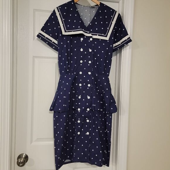 Vtg 80’s Navy Polka Dot Button Down Midi Dress 7/8 - Picture 1 of 5